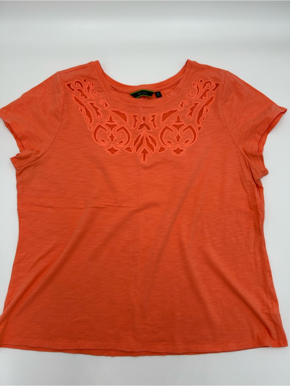 C. Wonder Orange Short Sleeve Cutout Sheer Yoke Tee XL